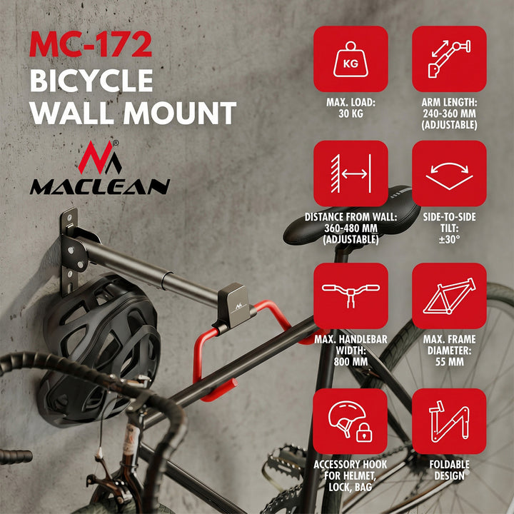 Suport de biciclete / cuier de perete Maclean, orizontal, oțel, sarcină maximă 30 kg, reglare unghi, MC-172