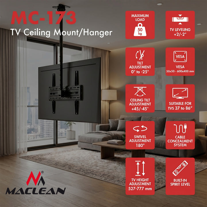 Suport / cârlig de tavan pentru televizor Maclean, sarcină maximă 50 kg, 37-86", VESA maxim 600x400, MC-173