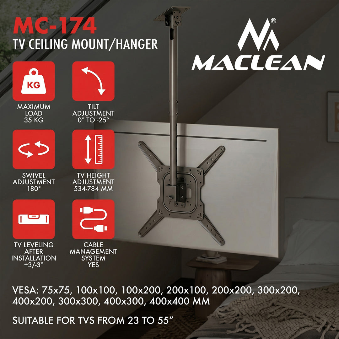 Suport / cârlig de tavan pentru televizor Maclean, sarcină maximă 35 kg, 23-55", VESA maxim 400x400, MC-174