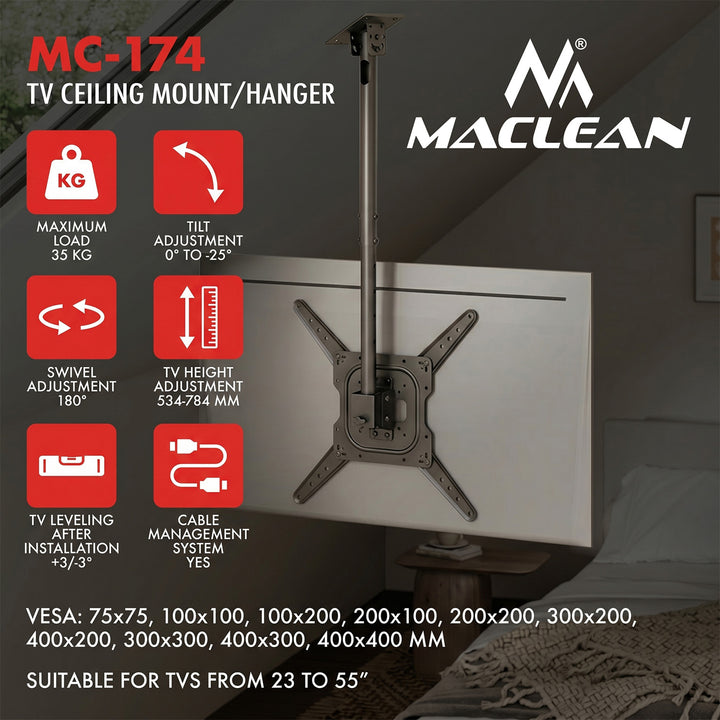 Suport / cârlig de tavan pentru televizor Maclean, sarcină maximă 35 kg, 23-55", VESA maxim 400x400, MC-174