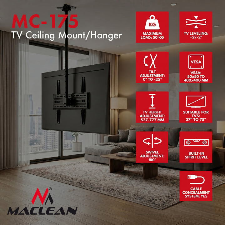 Suport / cârlig de tavan pentru televizor Maclean, sarcină maximă 50 kg, 37-75", VESA maxim 400x400, MC-175