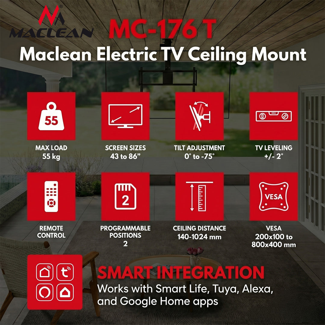 Suport electric pentru televizor Maclean, de tavan, compatibil cu Tuya, VESA max. 800x400, pentru televizoare de 43-86", max. 55 kg, MC-176 T