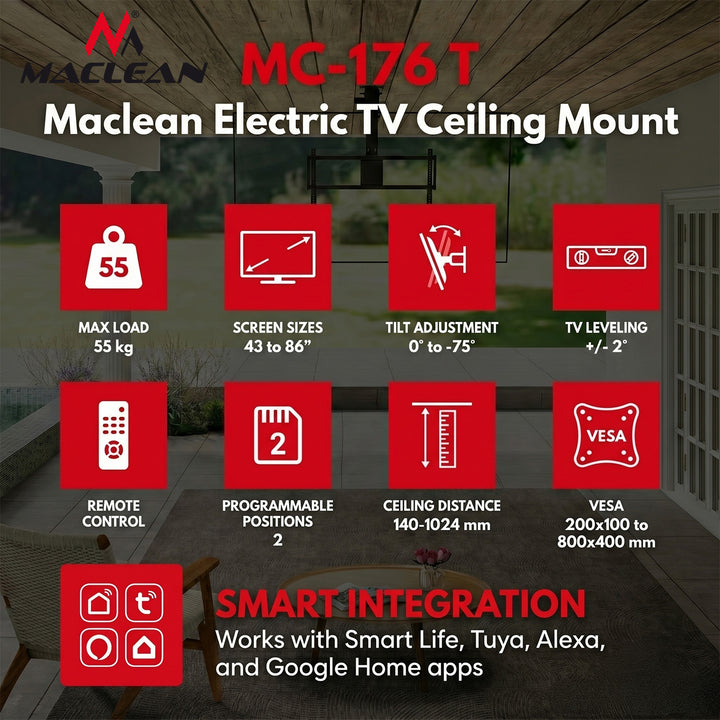 Suport electric pentru televizor Maclean, de tavan, compatibil cu Tuya, VESA max. 800x400, pentru televizoare de 43-86", max. 55 kg, MC-176 T