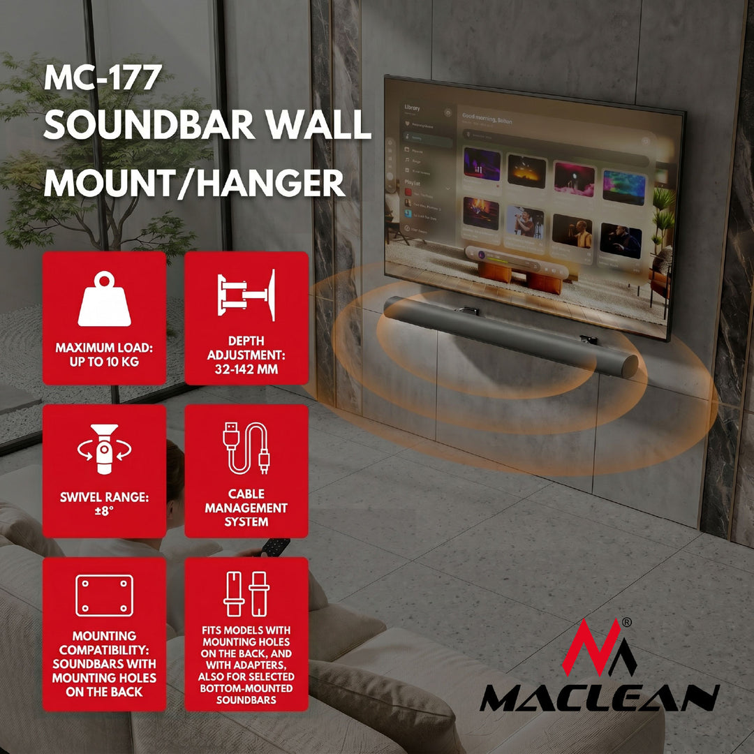 Suport / cârlig de perete pentru soundbar Maclean, reglaj unghi +8°~-8°, sarcină maximă 10 kg, din oțel, MC-177