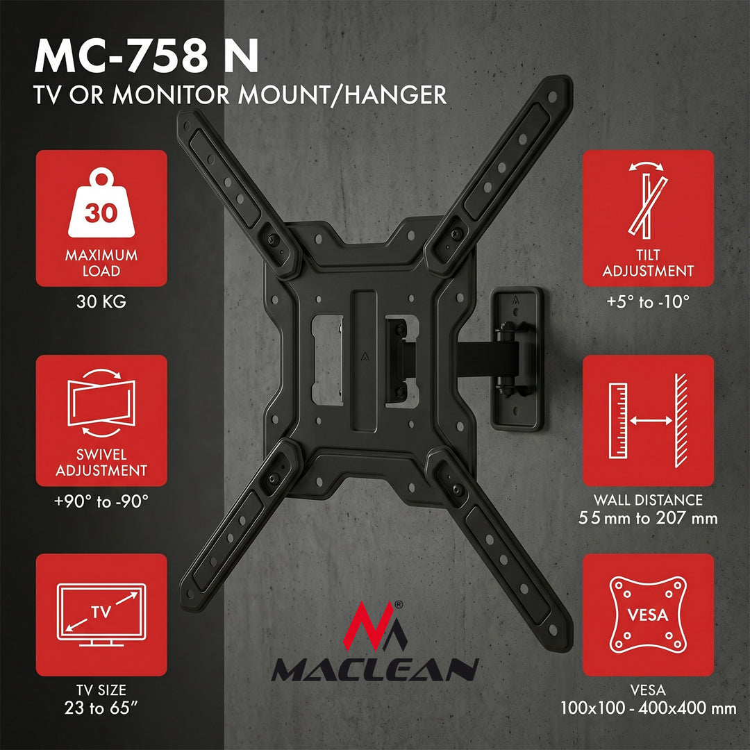 Suport / cârlig pentru televizor sau monitor Maclean, max. 23-65", sarcină maximă 30 kg, universal, VESA max. 400x400, MC-758 N