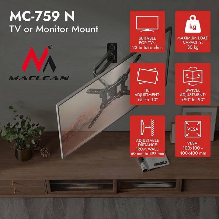 Suport / cârlig pentru televizor sau monitor Maclean, max. 23-65", sarcină maximă 30 kg, universal, VESA max. 400x400, MC-759 N