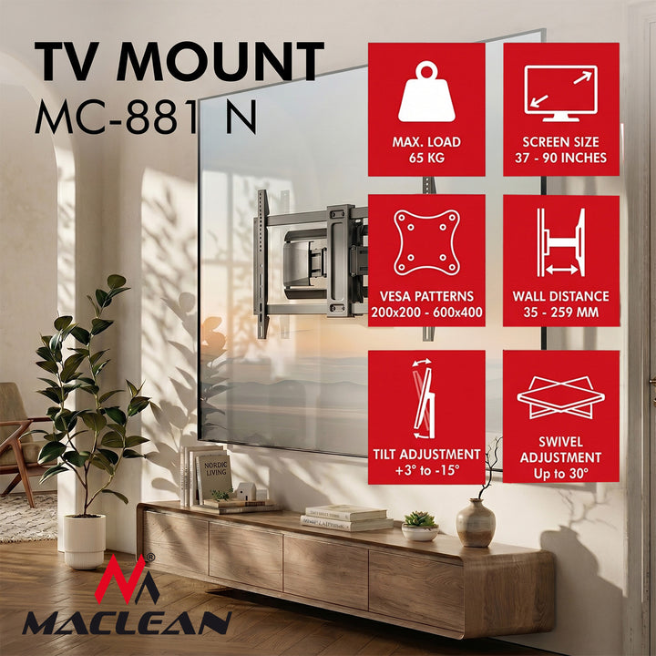 Suport / cârlig pentru televizor Maclean, VESA max. 600x400, 37-90", sarcină maximă 65 kg, negru, MC-881 N