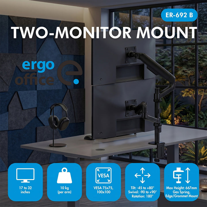 Suport / suport suspendat pentru 2 monitoare Ergo Office, cu arc cu gaz, 17"-32", 1-10 kg, negru mat, ER-692 B