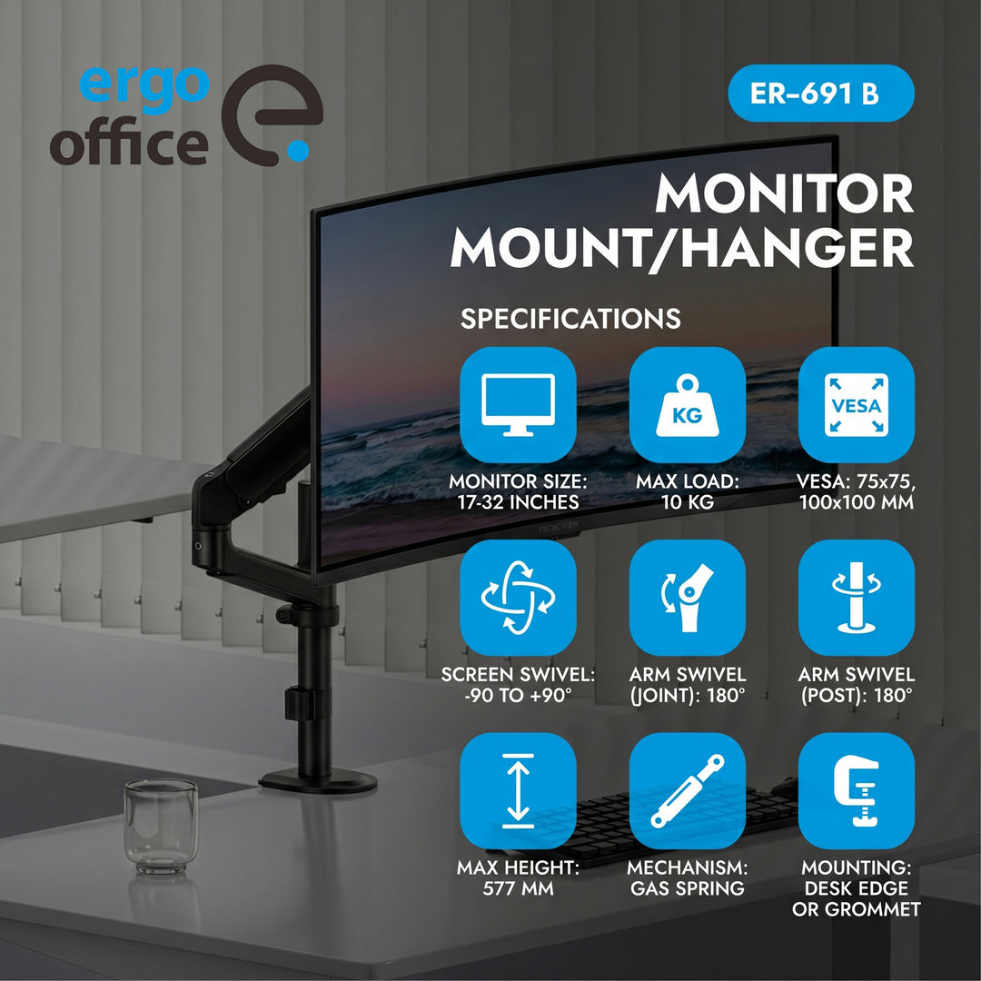 Suport / cârlig pentru monitor Ergo Office, cu arc cu gaz, 17"-32", 1-10 kg, negru mat, VESA max. 100x100, ER-691 B