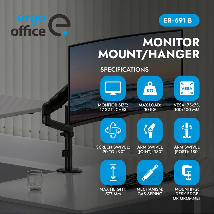Suport / cârlig pentru monitor Ergo Office, cu arc cu gaz, 17"-32", 1-10 kg, negru mat, VESA max. 100x100, ER-691 B