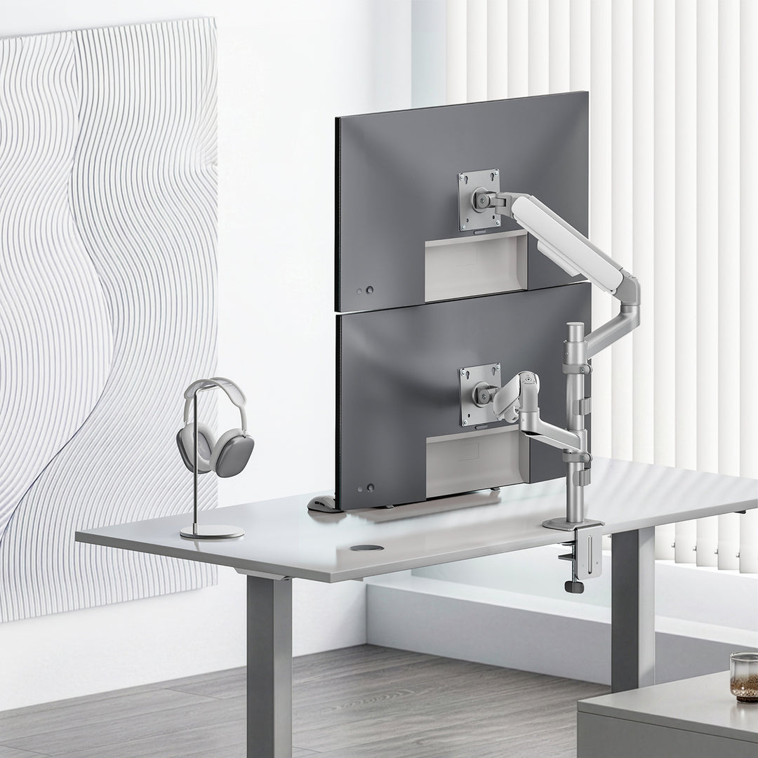 Suport / suport suspendat pentru 2 monitoare Ergo Office, cu arc cu gaz, 17"-32", 1-10 kg, alb mat, ER-692 W