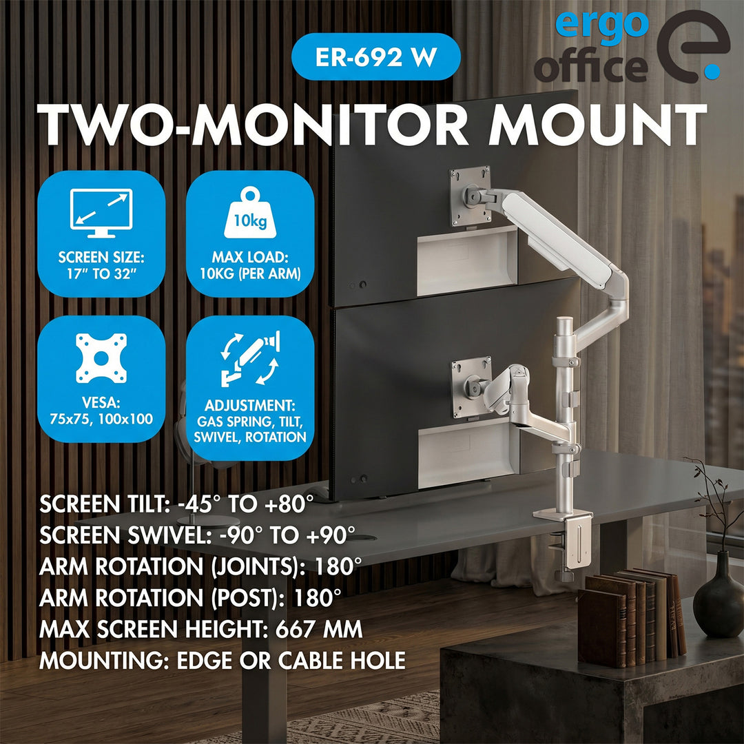Suport / suport suspendat pentru 2 monitoare Ergo Office, cu arc cu gaz, 17"-32", 1-10 kg, alb mat, ER-692 W