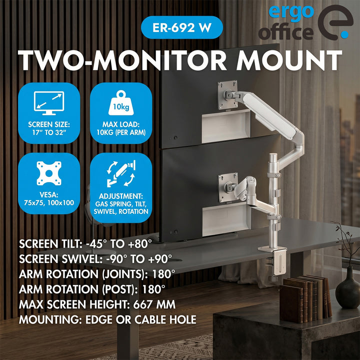 Suport / suport suspendat pentru 2 monitoare Ergo Office, cu arc cu gaz, 17"-32", 1-10 kg, alb mat, ER-692 W