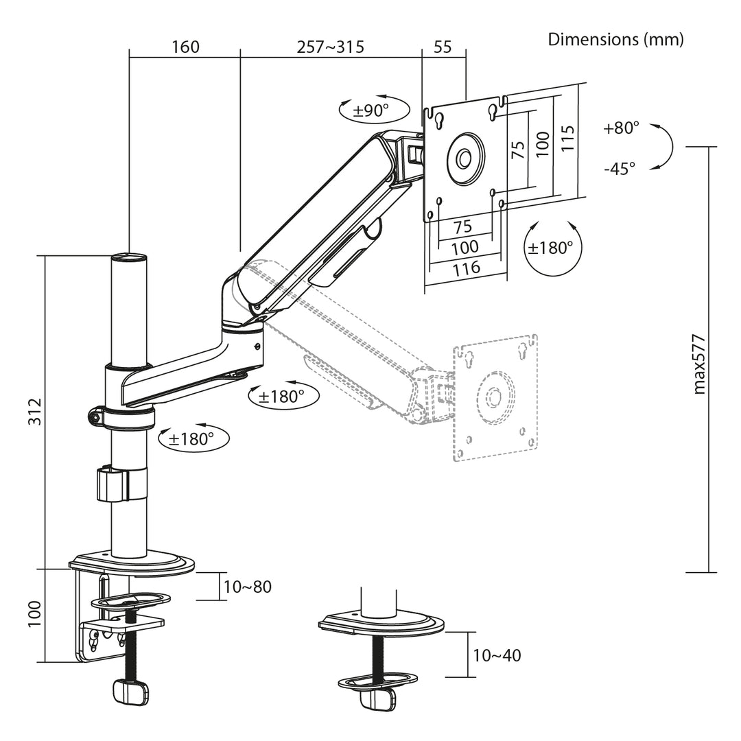Suport / cârlig pentru monitor Ergo Office, cu arc cu gaz, 17"-32", 1-10 kg, alb mat, VESA max. 100x100, ER-691 W