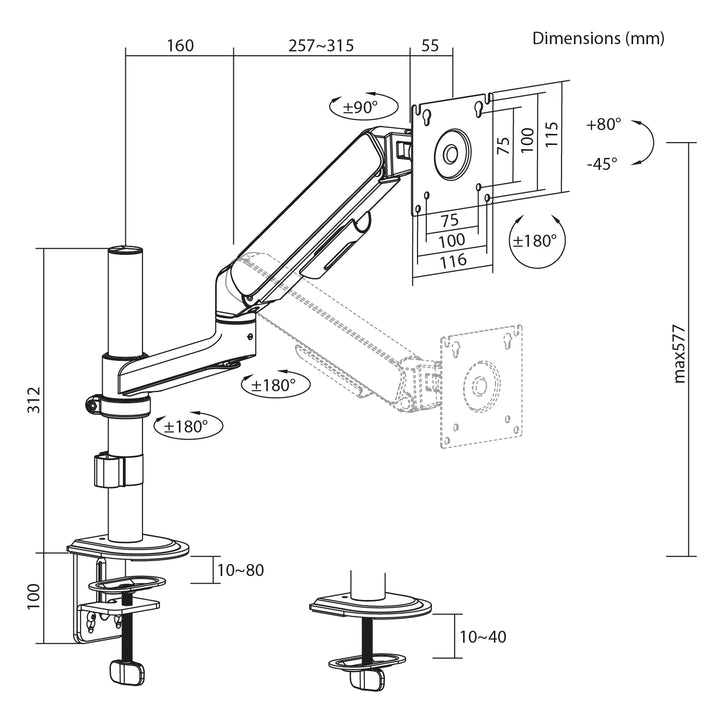 Suport / cârlig pentru monitor Ergo Office, cu arc cu gaz, 17"-32", 1-10 kg, alb mat, VESA max. 100x100, ER-691 W