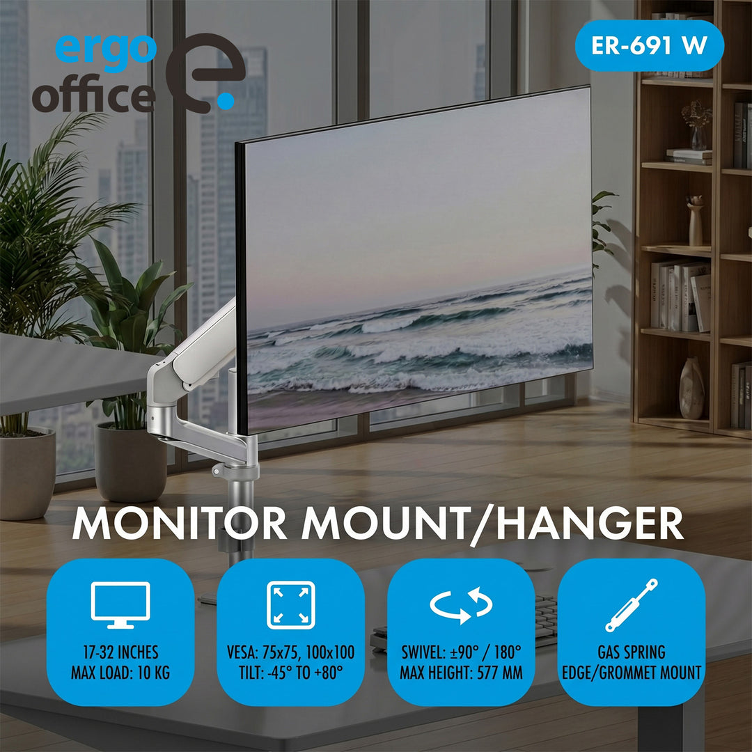 Suport / cârlig pentru monitor Ergo Office, cu arc cu gaz, 17"-32", 1-10 kg, alb mat, VESA max. 100x100, ER-691 W