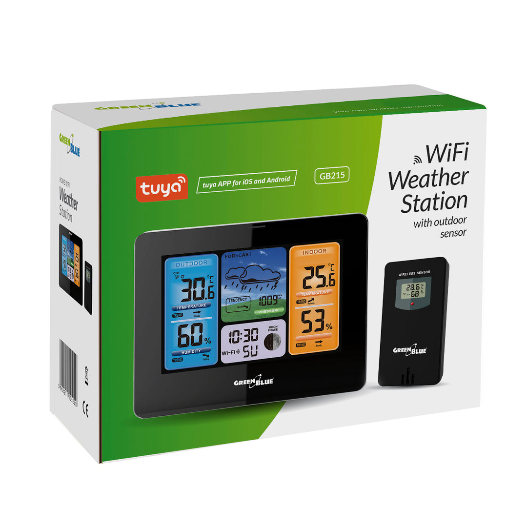 Stație meteo WiFi GreenBlue, compatibilă cu TUYA, senzor exterior, calendar, prognoză meteo, barometru, adaptor de alimentare, baterii, GB215