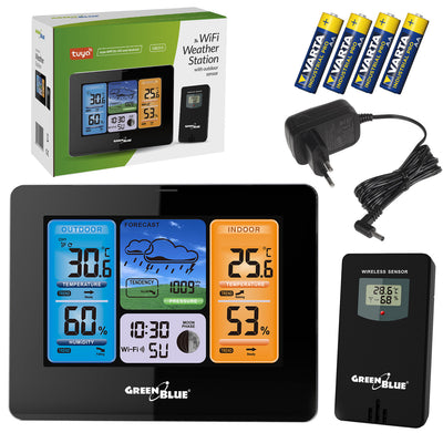 Stație meteo WiFi GreenBlue, compatibilă cu TUYA, senzor exterior, calendar, prognoză meteo, barometru, adaptor de alimentare, baterii, GB215