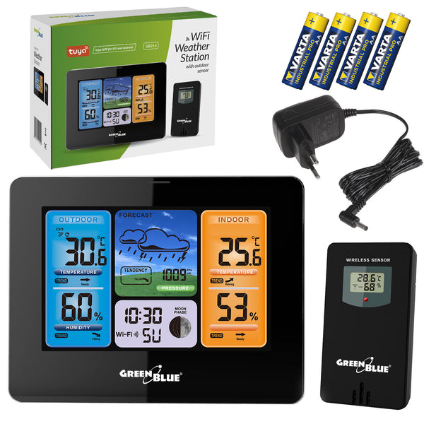 Stație meteo WiFi GreenBlue, compatibilă cu TUYA, senzor exterior, calendar, prognoză meteo, barometru, adaptor de alimentare, baterii, GB215