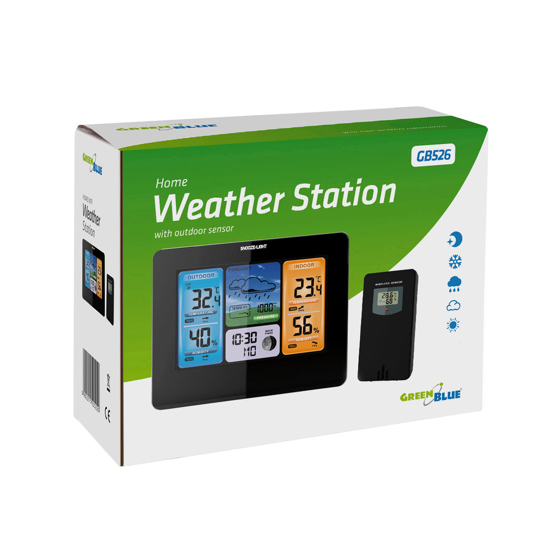 Stație meteo wireless GreenBlue, color, cu DCF, faze de lună, adaptor de alimentare, baterii, GB526