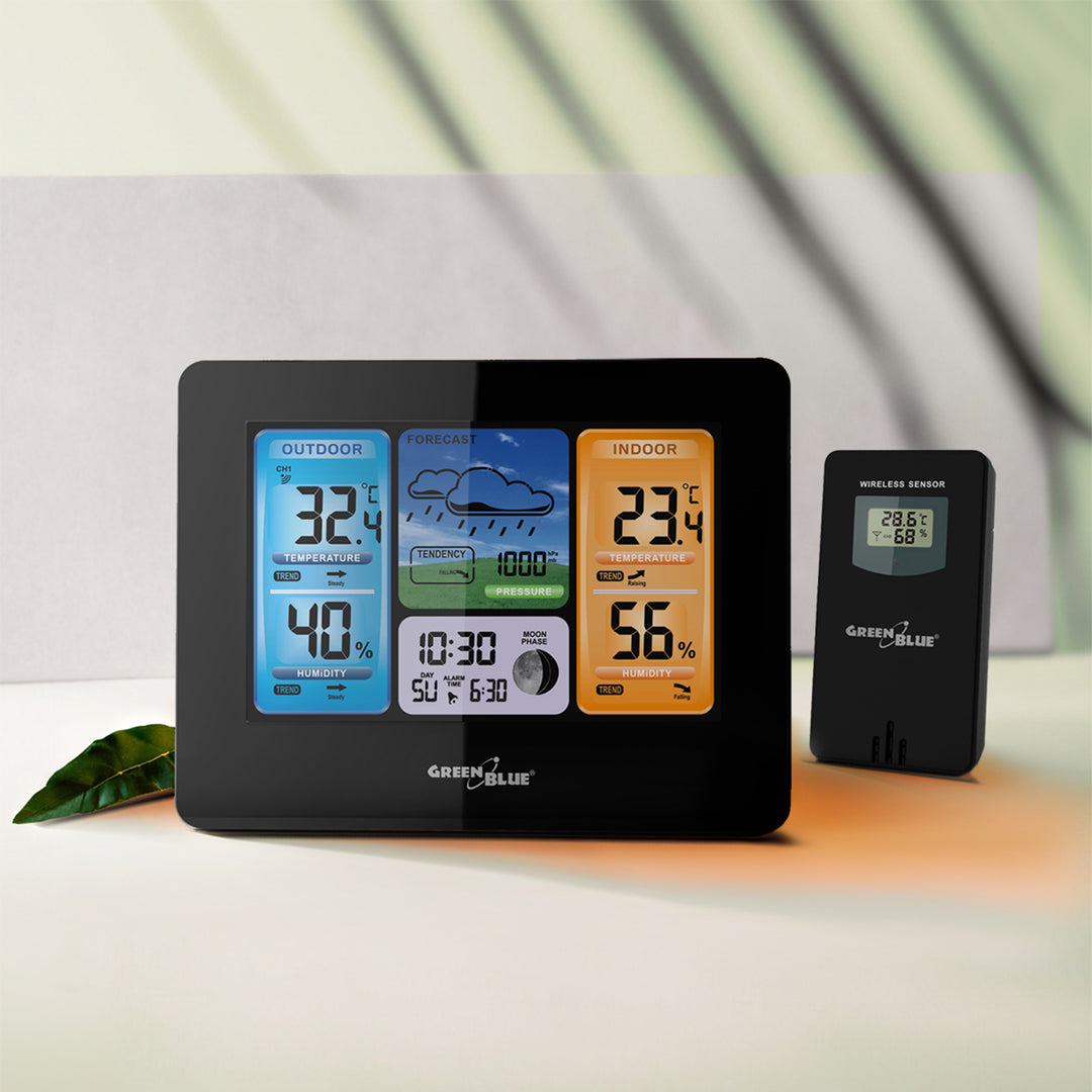 Stație meteo wireless GreenBlue, color, cu DCF, faze de lună, adaptor de alimentare, baterii, GB526