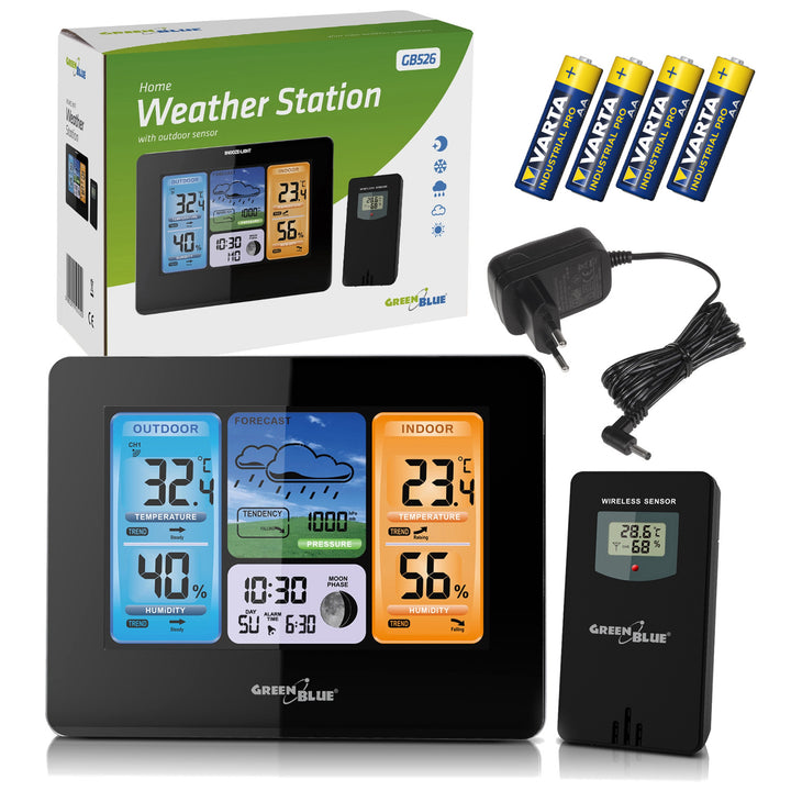 Stație meteo wireless GreenBlue, color, cu DCF, faze de lună, adaptor de alimentare, baterii, GB526