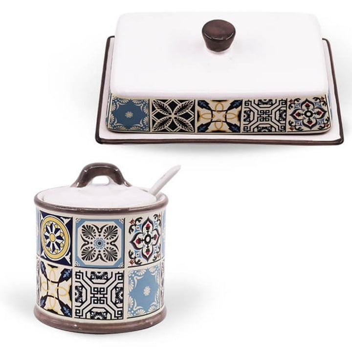Bol de zahăr ceramic Holiday in Porto Maestro, Capacitate 300ml, Setul include - lingură ceramică, MR-20005-09 + Bol de unt ceramic Holiday in Porto Maestro, MR-20005-45
