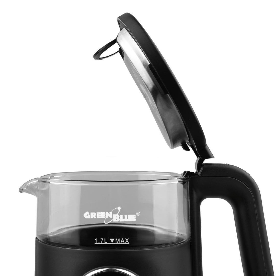 Ceainic electric fără fir GreenBlue, capacitate 1,7 l, rezervor de apă din sticlă, afișaj clar, selectare temperatură, 2200 W, GB670 B