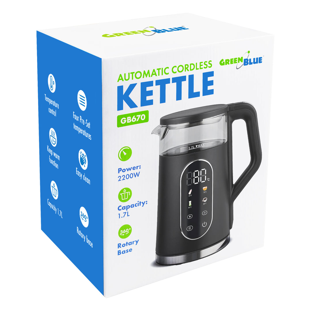 Ceainic electric fără fir GreenBlue, capacitate 1,7 l, rezervor de apă din sticlă, afișaj clar, selectare temperatură, 2200 W, GB670 B