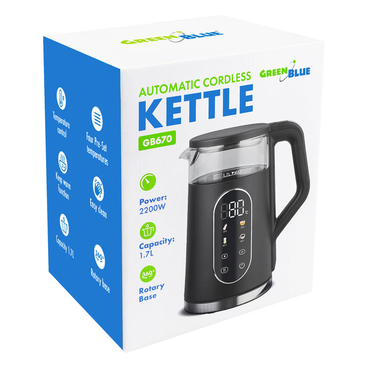 Ceainic electric fără fir GreenBlue, capacitate 1,7 l, rezervor de apă din sticlă, afișaj clar, selectare temperatură, 2200 W, GB670 B