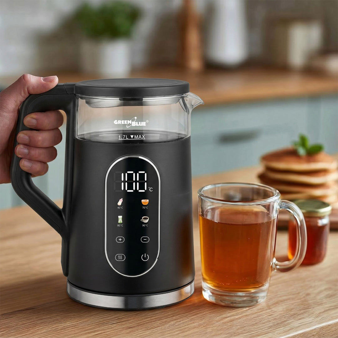 Ceainic electric fără fir GreenBlue, capacitate 1,7 l, rezervor de apă din sticlă, afișaj clar, selectare temperatură, 2200 W, GB670 B