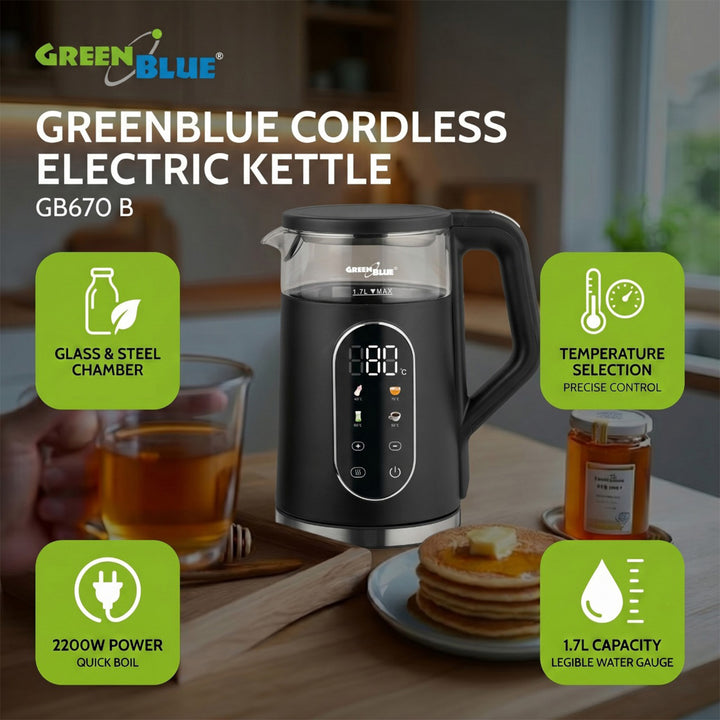 Ceainic electric fără fir GreenBlue, capacitate 1,7 l, rezervor de apă din sticlă, afișaj clar, selectare temperatură, 2200 W, GB670 B