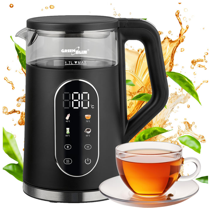 Ceainic electric fără fir GreenBlue, capacitate 1,7 l, rezervor de apă din sticlă, afișaj clar, selectare temperatură, 2200 W, GB670 B
