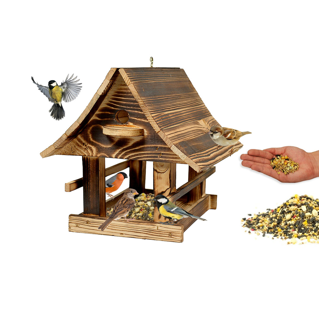 Woodok hrănitor pentru păsări, lemn, tras, cârlig de agățat + semințe pentru păsări 1kg