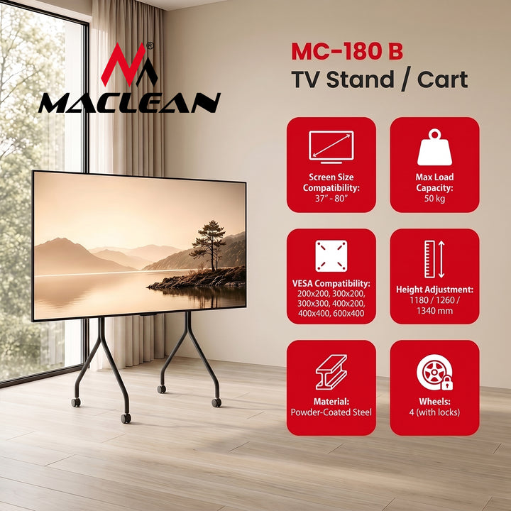 Suport / cărucior pentru televizor Maclean, pe roți, 37-80", sarcină maximă 50 kg, VESA maxim 600x400, negru, MC-180 B
