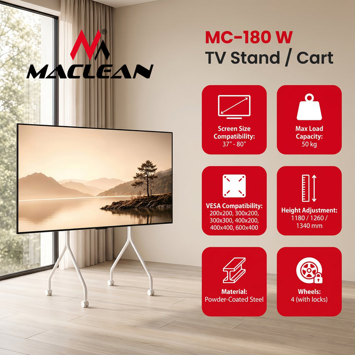Suport / cărucior pentru televizor Maclean, pe roți, 37-80", sarcină maximă 50 kg, VESA maxim 600x400, alb, MC-180 W