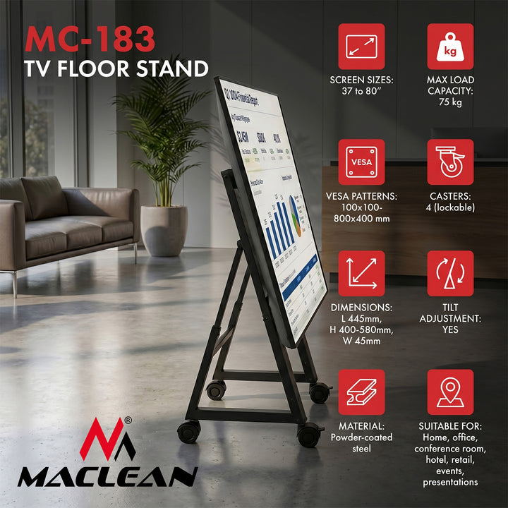 Cărucior / suport de podea pentru televizor Maclean, 37-80", VESA max. 800x400, max. 75 kg, mobil, roți cu blocare, MC-183