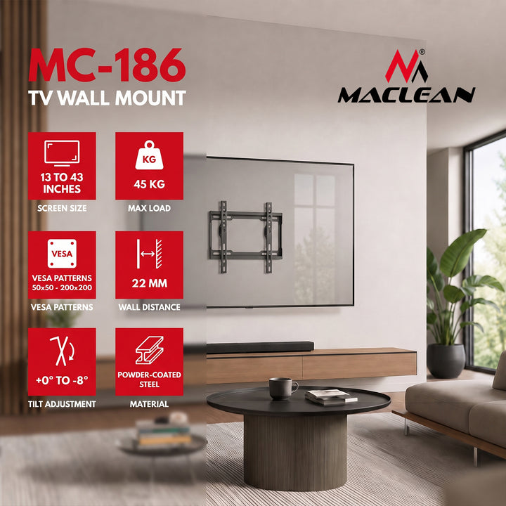 Suport / cârlig pentru televizor Maclean, VESA max. 200x200, 13-43", până la 45 kg, negru, reglare înclinare 0°~-8°, MC-186