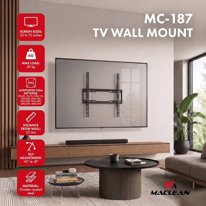 Suport / cârlig pentru televizor Maclean, VESA max. 400x400, 32-75", până la 45 kg, negru, reglare înclinare 0°~-8°, MC-187