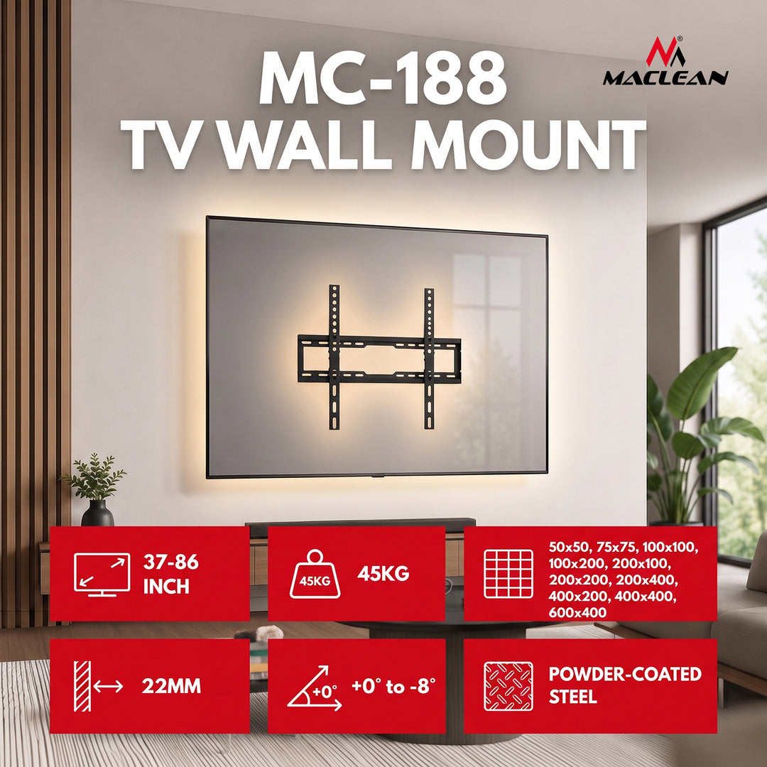 Suport / cârlig pentru televizor Maclean, VESA max. 600x400, 37-86", până la 45 kg, negru, reglare înclinare 0°~-8°, MC-188