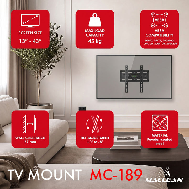 Suport / cârlig pentru televizor Maclean, VESA max. 200x200, 13-43", până la 45 kg, negru, reglare înclinare +2°~-10°, MC-189