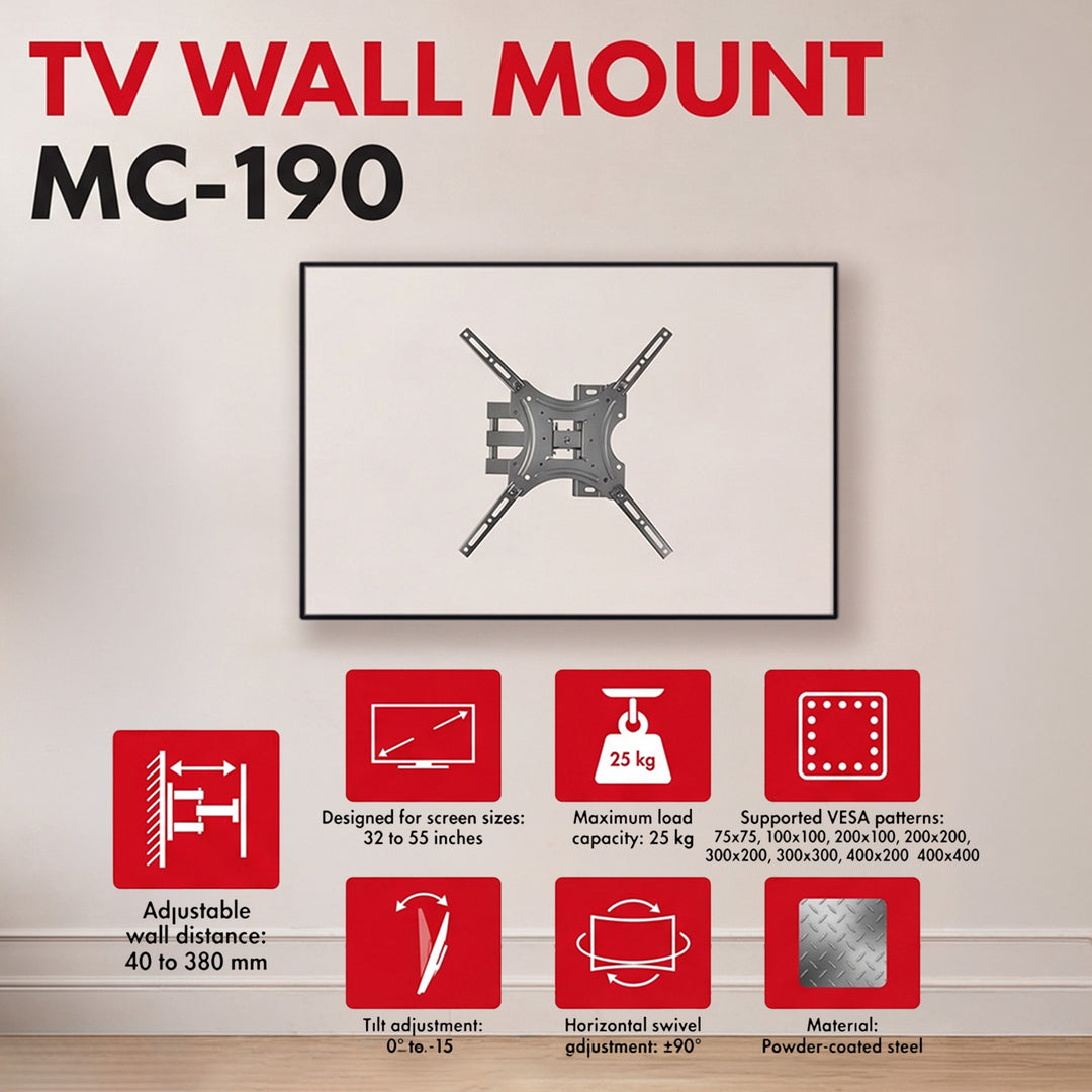 Suport / cârlig pentru televizor Maclean, VESA max. 400x400, 32-55", până la 25 kg, negru, reglabil în înclinare 0°~-15° și în rotire +90°~-90°, MC-190