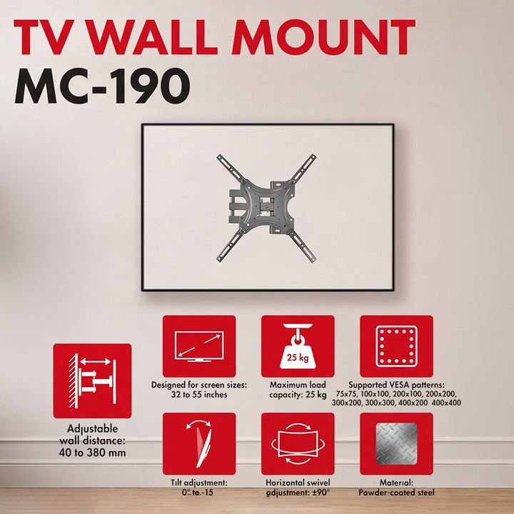 Suport / cârlig pentru televizor Maclean, VESA max. 400x400, 32-55", până la 25 kg, negru, reglabil în înclinare 0°~-15° și în rotire +90°~-90°, MC-190