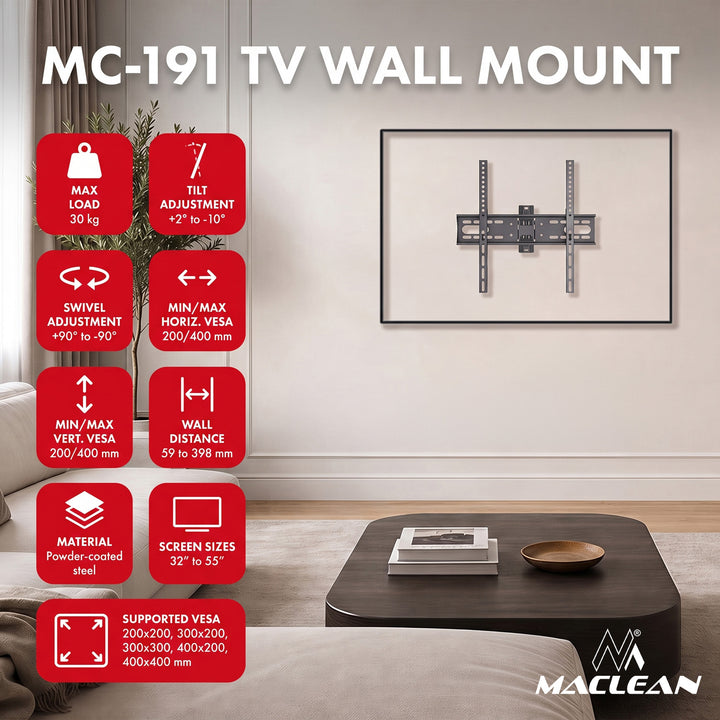 Suport / cârlig pentru televizor Maclean, VESA max. 400x400, 32-55", până la 30 kg, negru, reglabil pe înclinare +2°~-10° și pe rotație +90°~-90°, MC-191