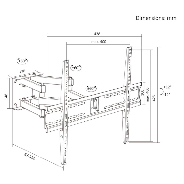 Suport / cârlig pentru televizor Maclean, VESA max. 400x400, 32-70", până la 40 kg, negru, reglabil în înclinare +12°~-12° și rotire +60°~-60°, MC-192