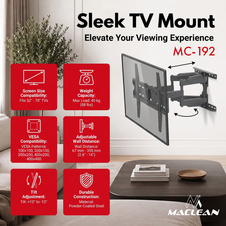 Suport / cârlig pentru televizor Maclean, VESA max. 400x400, 32-70", până la 40 kg, negru, reglabil în înclinare +12°~-12° și rotire +60°~-60°, MC-192
