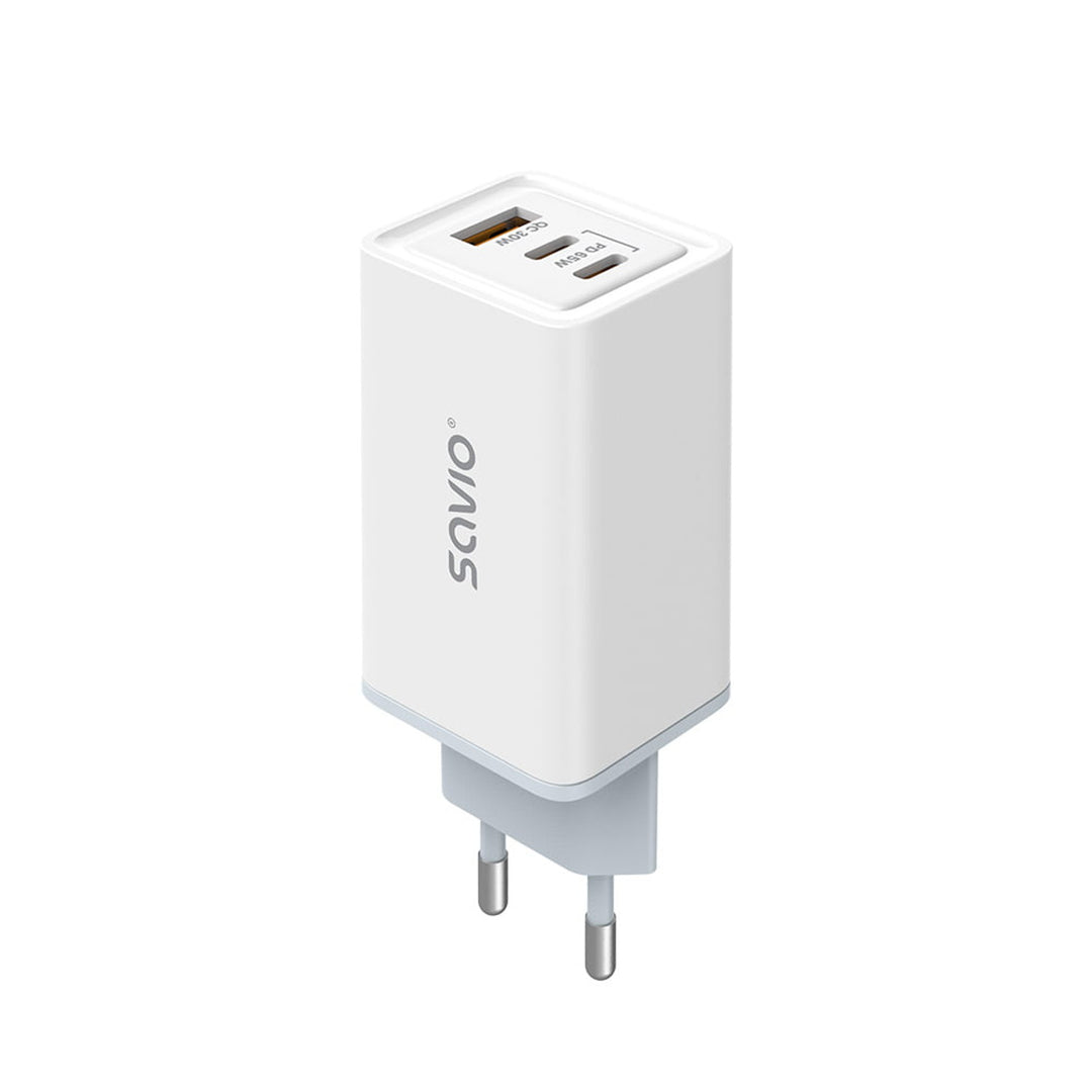 Savio încărcător de rețea, 1x USB-A, 2x USB-C, GaN, 65W, alb, SAVLA-07