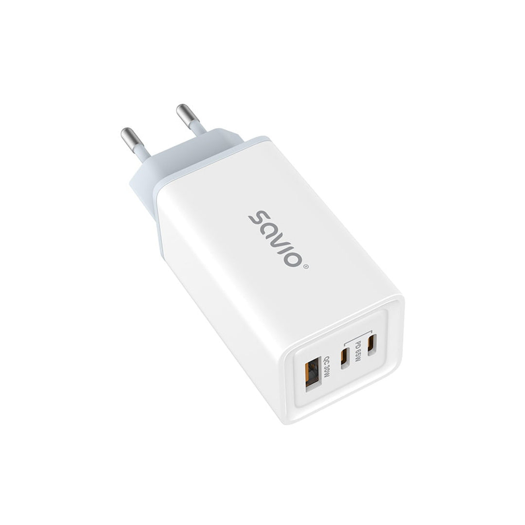 Savio încărcător de rețea, 1x USB-A, 2x USB-C, GaN, 65W, alb, SAVLA-07
