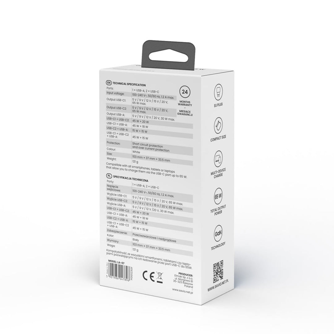 Savio încărcător de rețea, 1x USB-A, 2x USB-C, GaN, 65W, alb, SAVLA-07