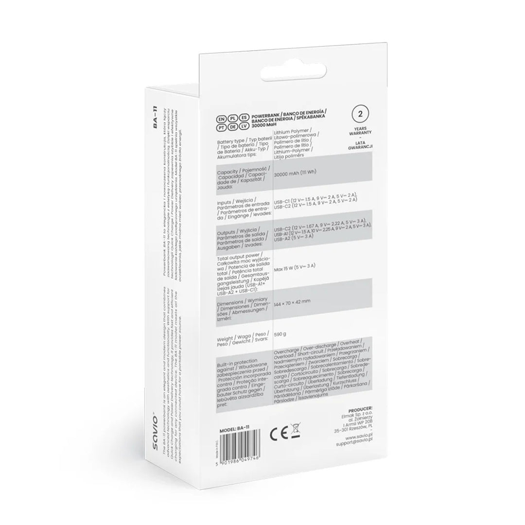 Powerbank SAVIO, 2 porturi USB, 1 port USB-C, încărcare rapidă, livrare de energie, SAVBA-11